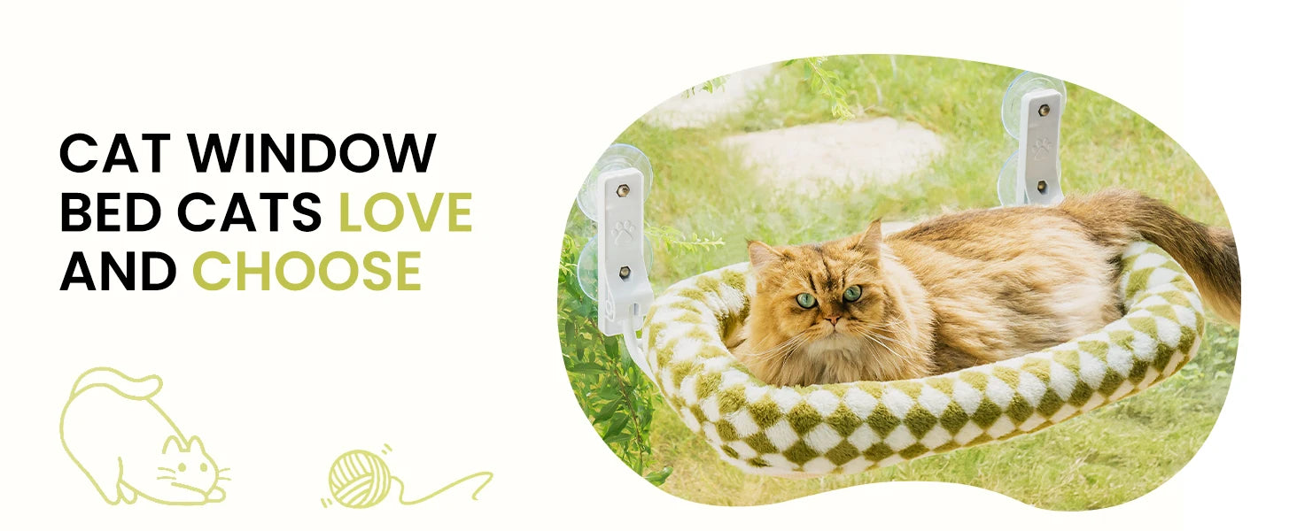 Mewoofun Foldable Cat Window Perch – Cordless Cat Hammock with 4 Strong Suction Cups & Removable Soft Cover (White, Brown, Green)