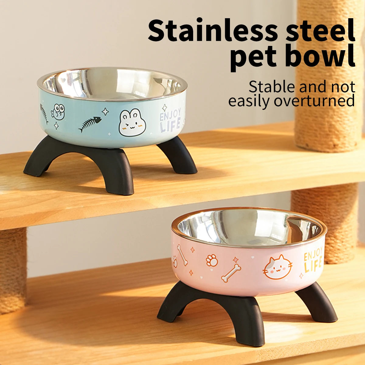 Cartoon Printed High-Legged Pet Bowl – Large-Capacity Stainless Steel Cat & Dog Bowl with Neck Protection
