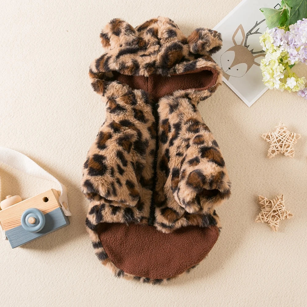 Leopard Fleece Dog Hoodie – Warm Winter Coat for Small Dogs