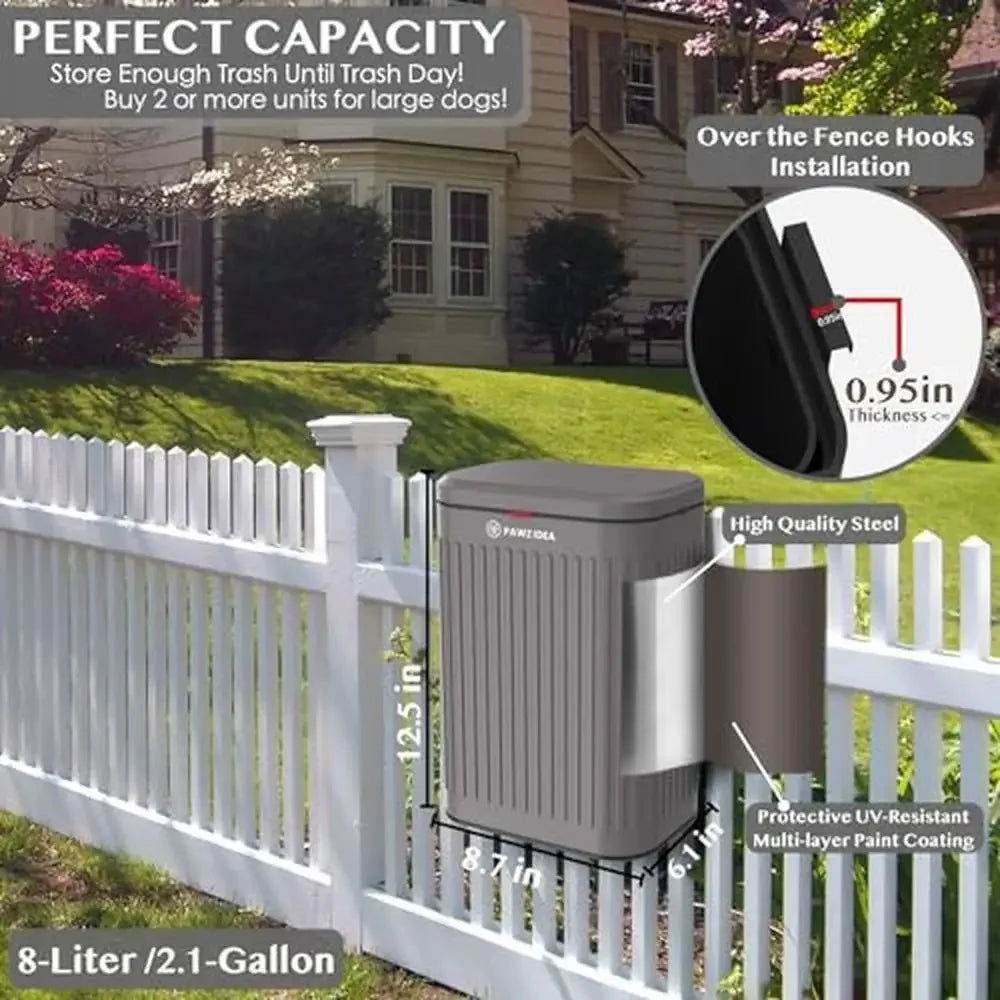 Outdoor Wall-Mount Dog Waste Bin – 2.1 Gallon Trash Can with Lid & Odor Control | No-Smell Poop Disposal for Fence or Wall Hanging