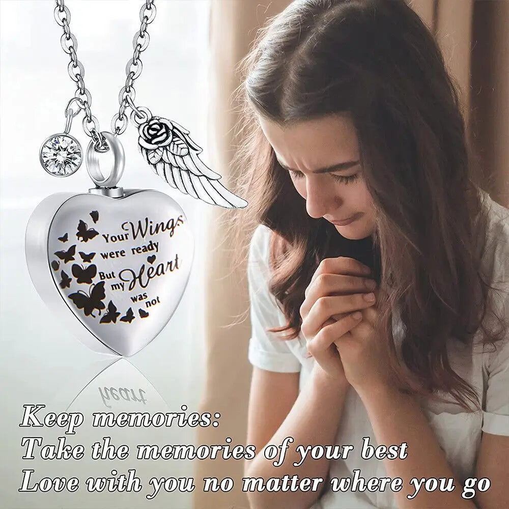 Angel Wing Heart Cremation Urn Necklace – Memorial Keepsake Jewelry for Ashes