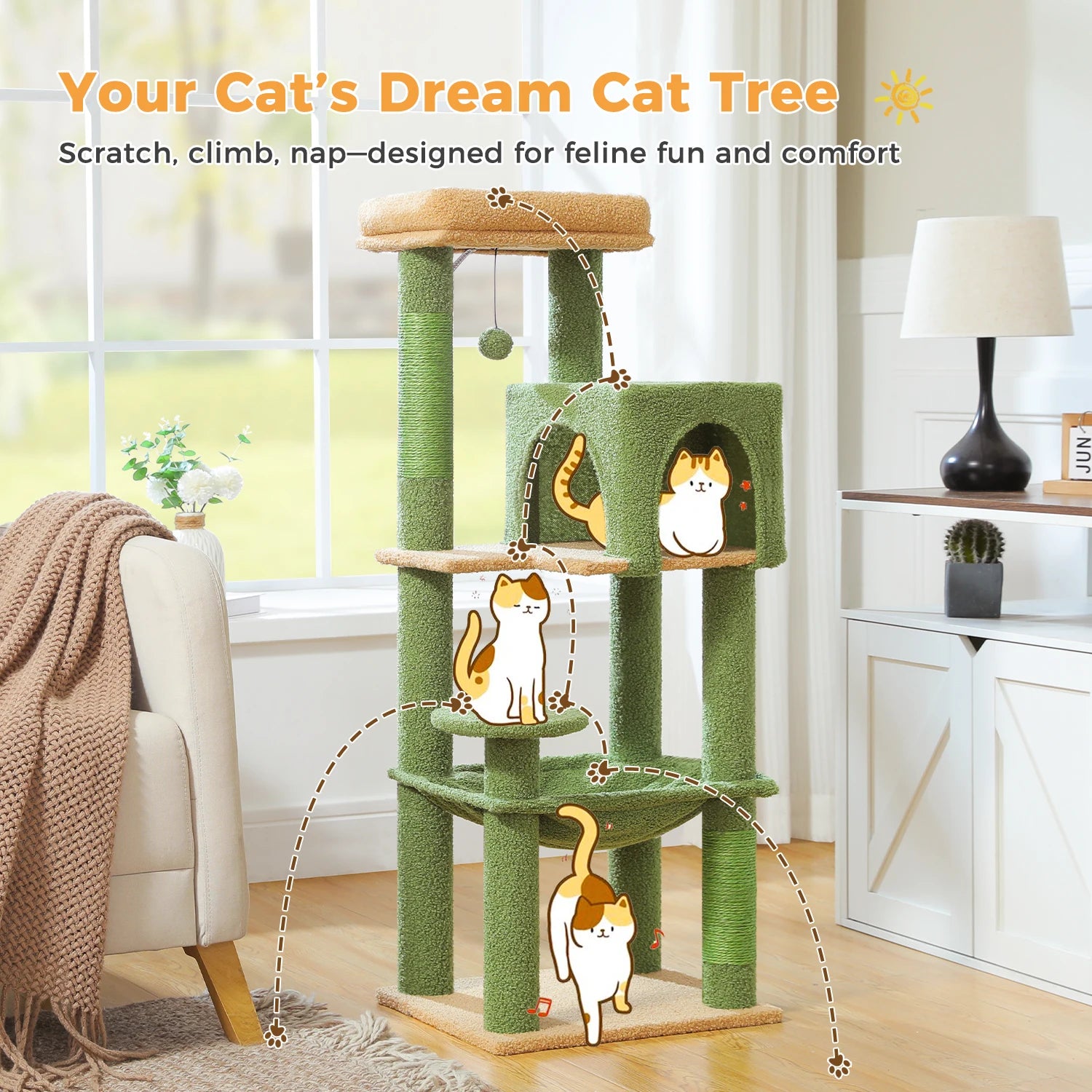Multi-Level Cat Tree – Indoor Tower with Condo, Hammock & Scratching Posts