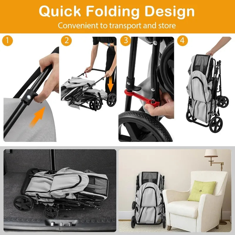 Giantex Double Pet Stroller with 2 Detachable Carrier Bags – Foldable Cat & Dog Stroller with Safety Belts & Lockable Wheels