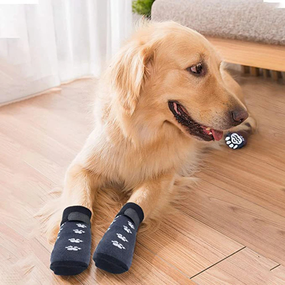 4-Pack Anti-Slip Dog Socks – Adjustable Paw Protectors with Rubber Grip for Indoor Traction
