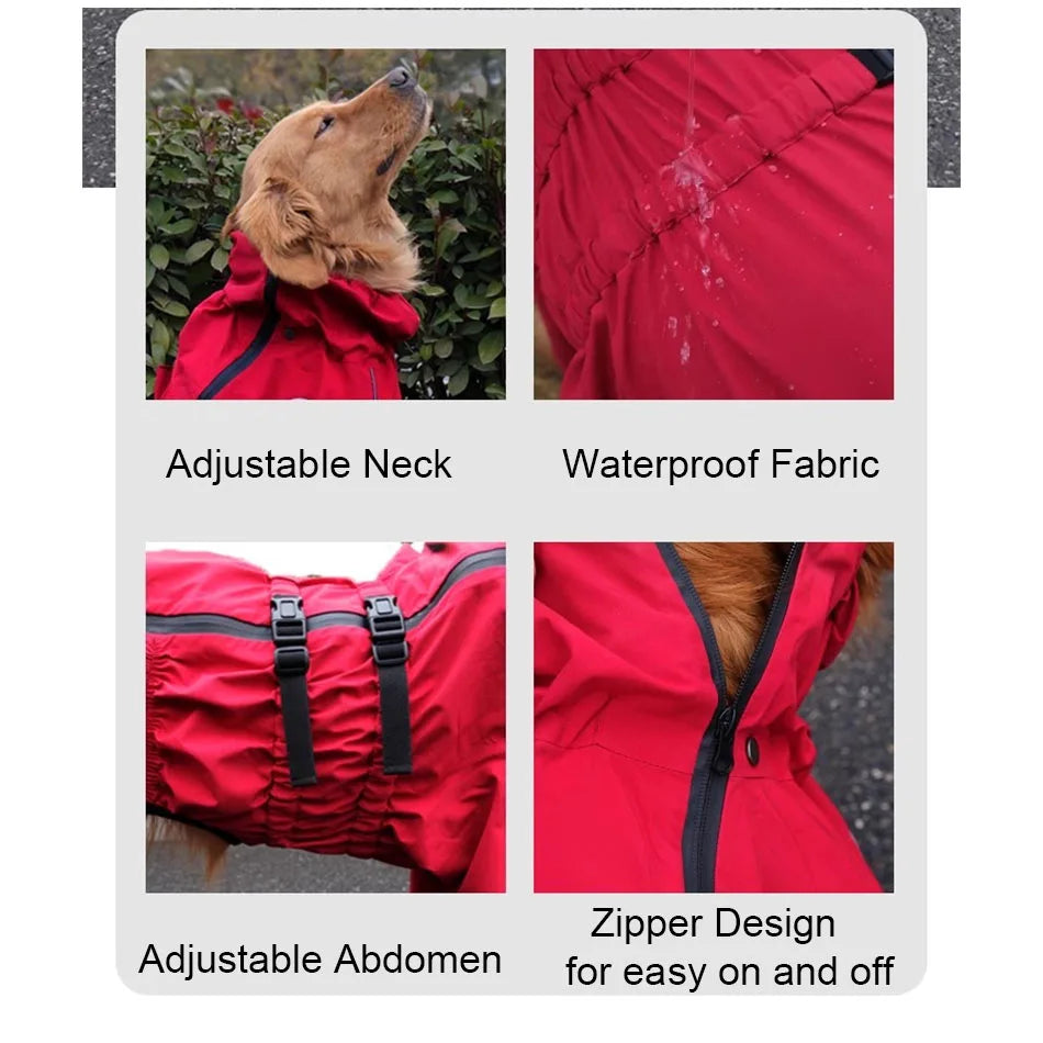 Waterproof Reflective Dog Raincoat – Red All-Weather Jacket for Large Dogs