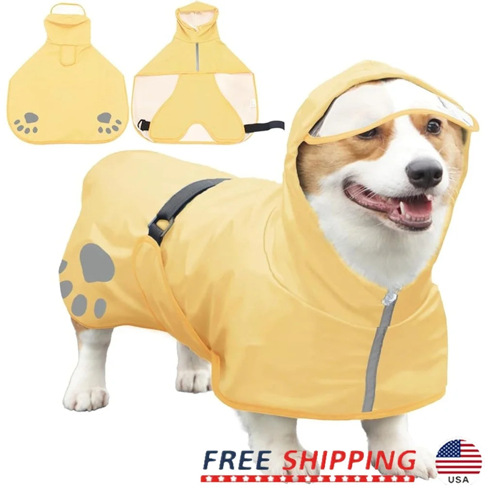 Dog Raincoat with Hood – Lightweight Waterproof Pet Jacket with Reflective Stripes, Adjustable Belly Strap & Leash Hole
