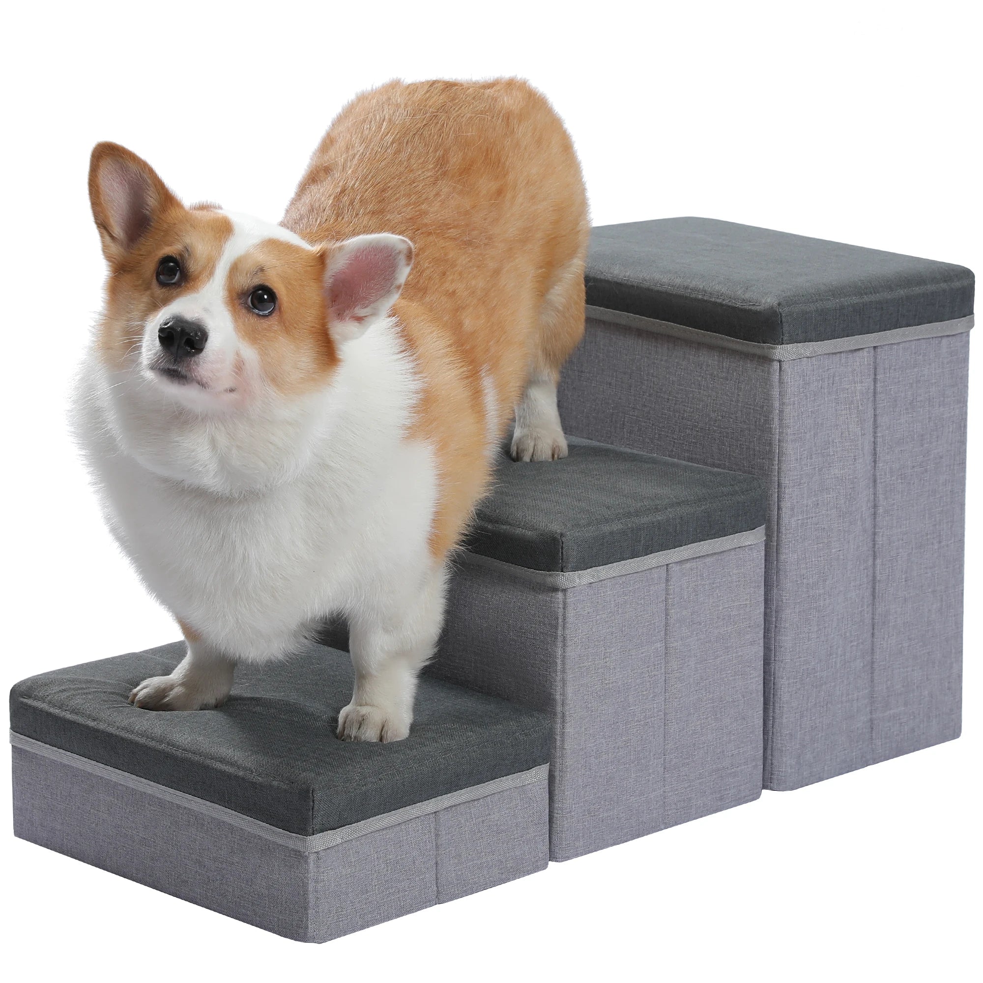 3-Tier Foldable Dog Stairs with Storage – Adjustable Height Pet Steps with Non-Slip Surface for Small & Senior Dogs and Cats (Indoor Use)