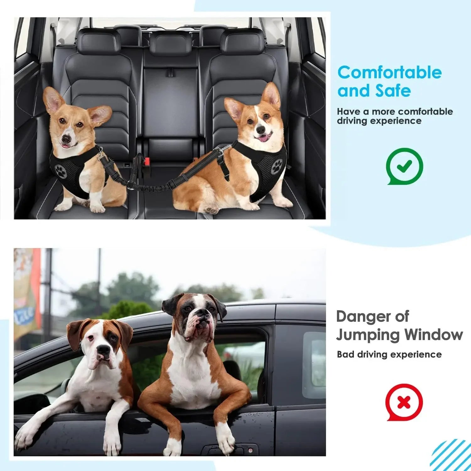Double Dog Car Seat Belt – Adjustable No-Tangle Safety Leash with Bungee Buffer & Reflective Strips for Two Pets