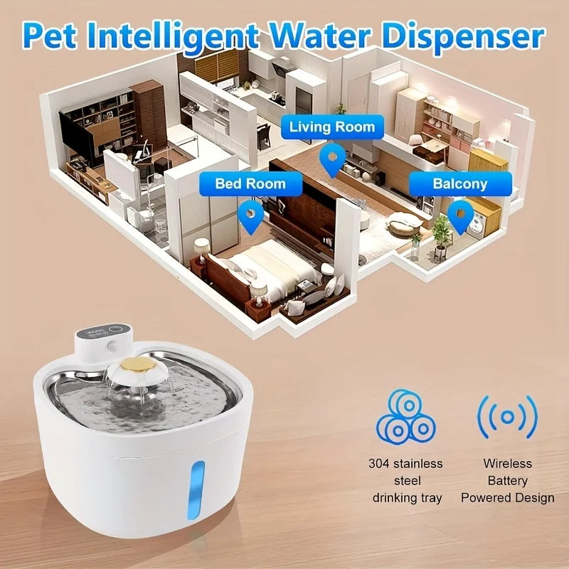 Wireless 2.6L Cat Water Fountain – Stainless Steel with LED Light & Filters