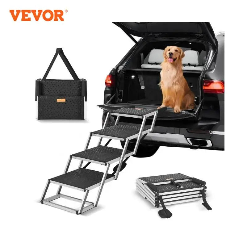 VEVOR 4-Step Dog Car Stairs – Wide Folding Aluminum Pet Steps for SUV, Truck, and Car | Portable, Lightweight & Supports Up to 150 lbs