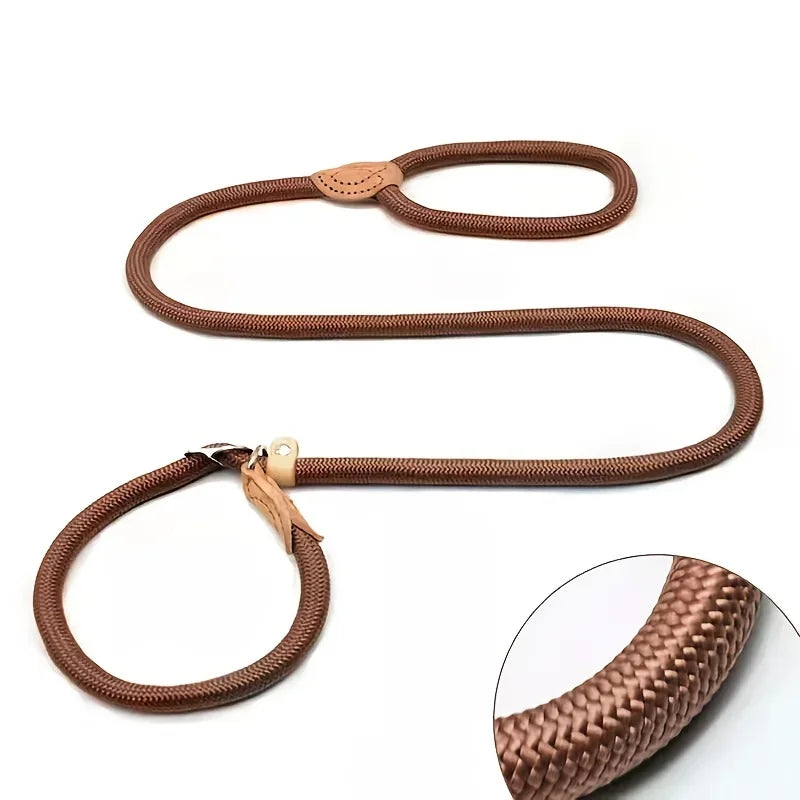 No-Pull Rope Slip Collar – P-Shaped Dog Training Leash with Durable Leather Joints & Adjustable Metal Buckle