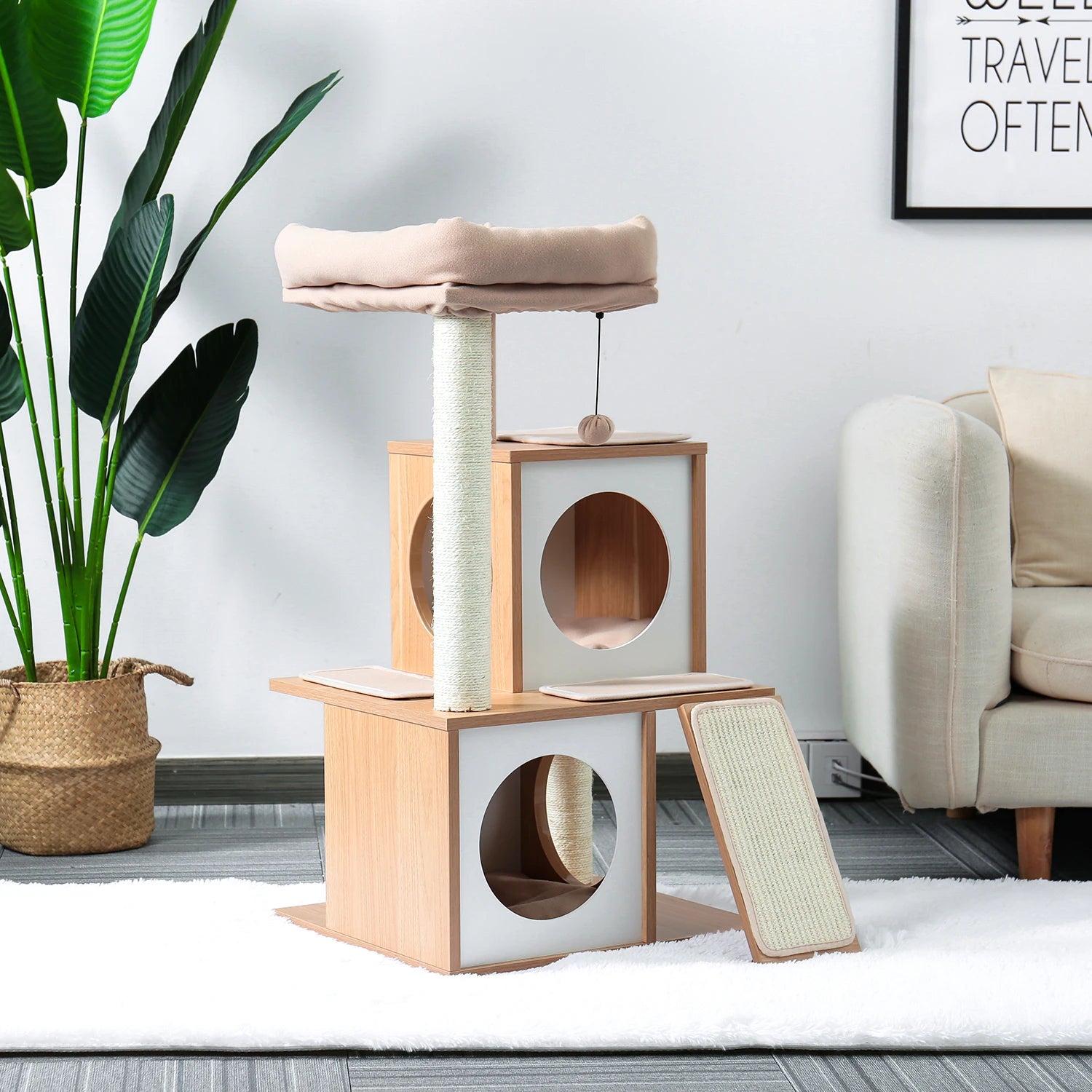 Wooden Cat Tower – Double Condos with Scratching Posts & Perches