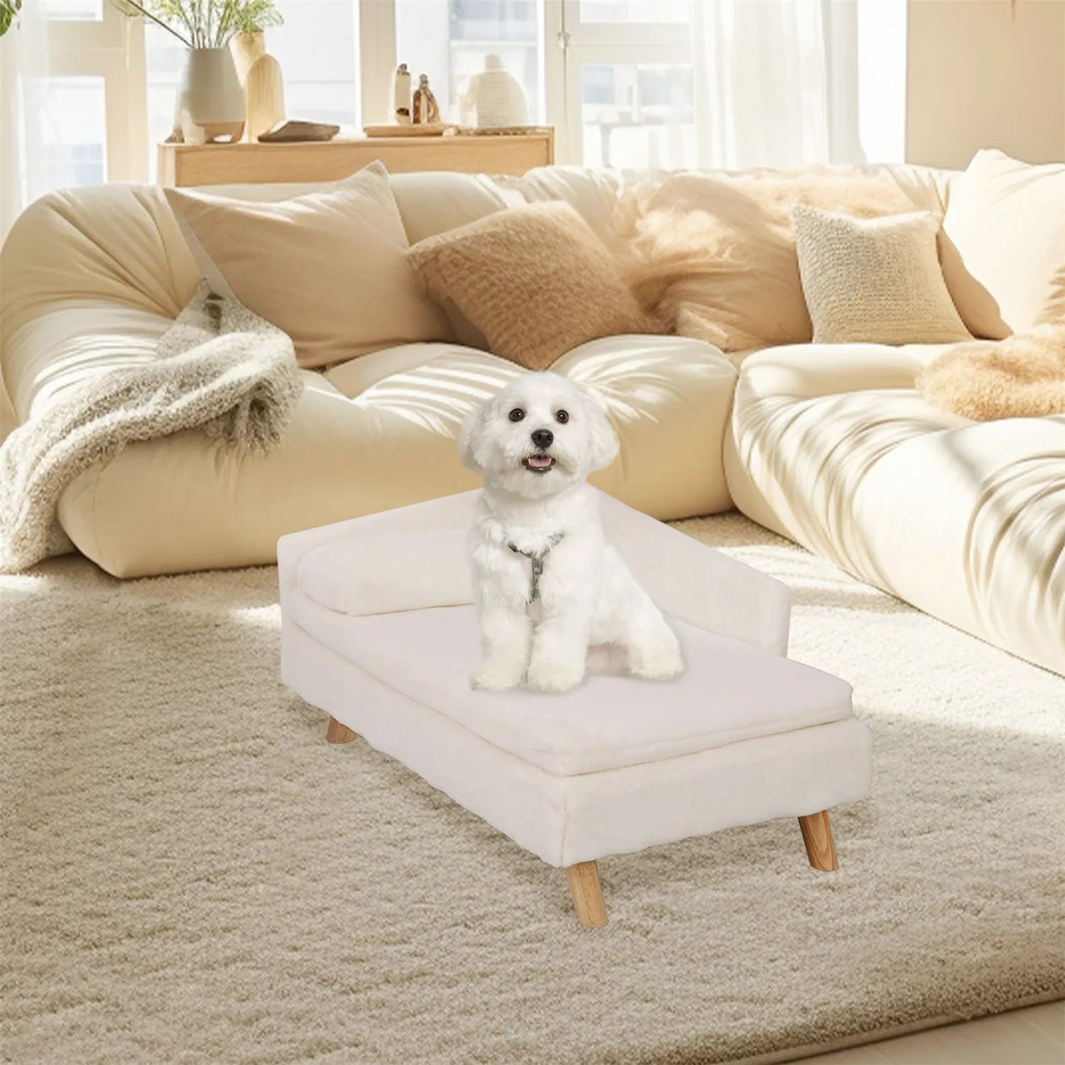 Nordic Elevated Pet Bed – Wooden Leg Pet Sofa with Waterproof Cozy Pad