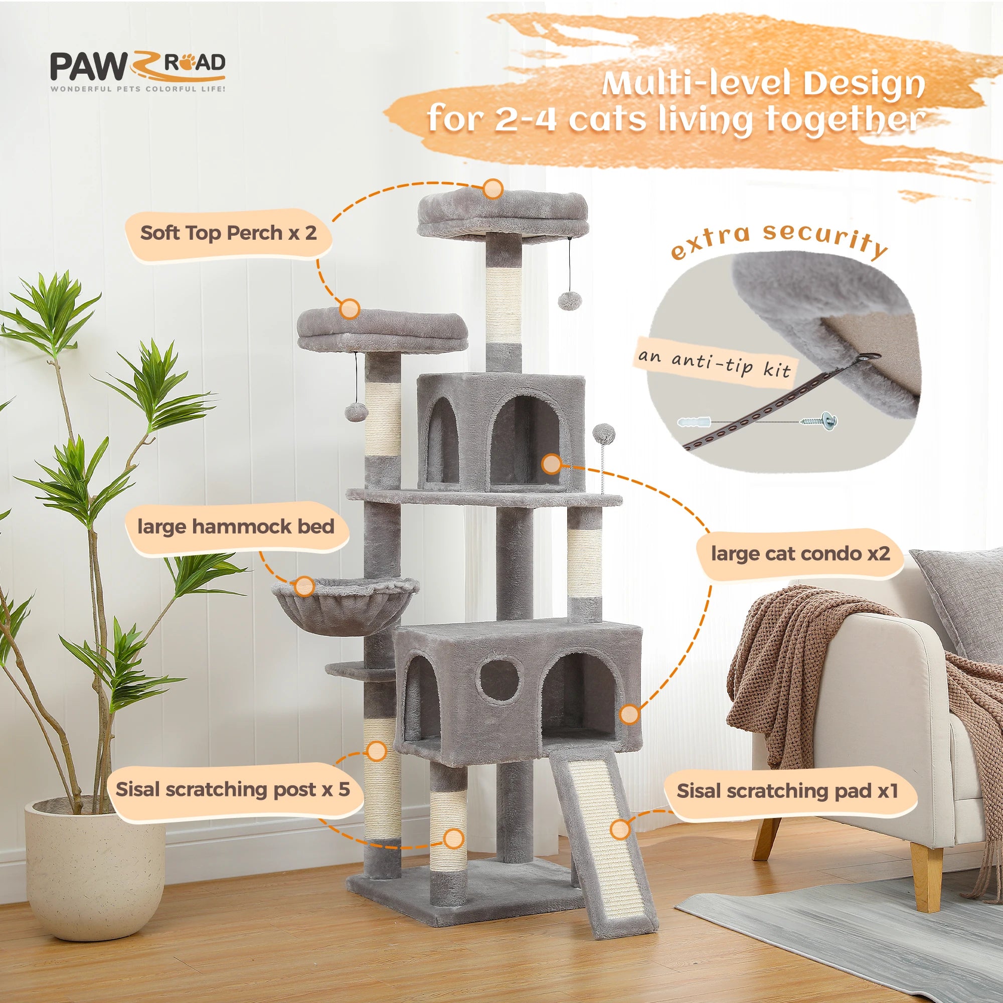 Luxury Cat Tree – Multi-Level Tower with Condos, Hammock & Scratching Posts