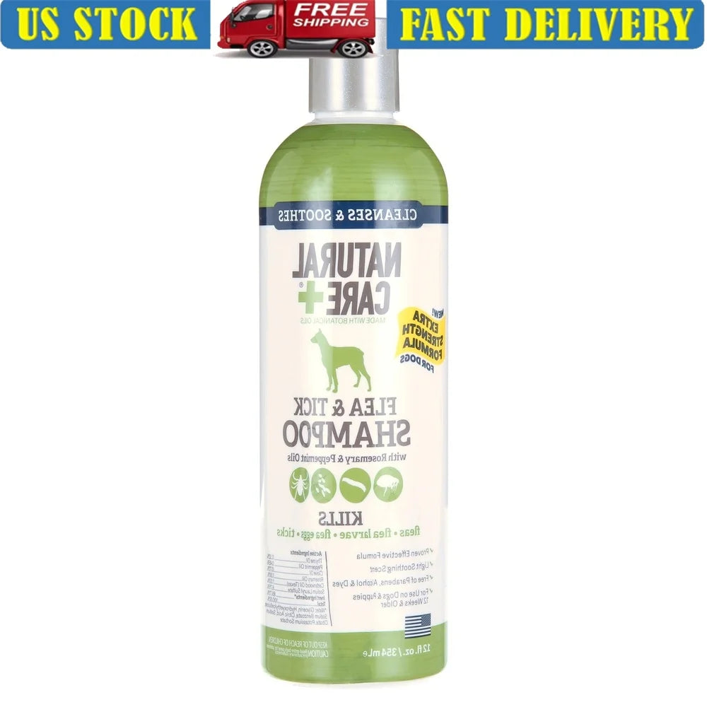 Flea & Tick Dog Shampoo – Peppermint Scent, Extra Strength, Natural Plant Extracts, Safe for Dogs 12 Weeks+, 12oz