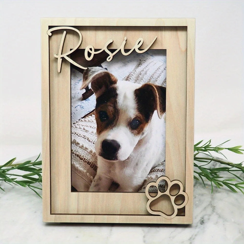 Personalized Wooden Dog Photo Frame – Custom Pet Memorial Gift with Name & Date