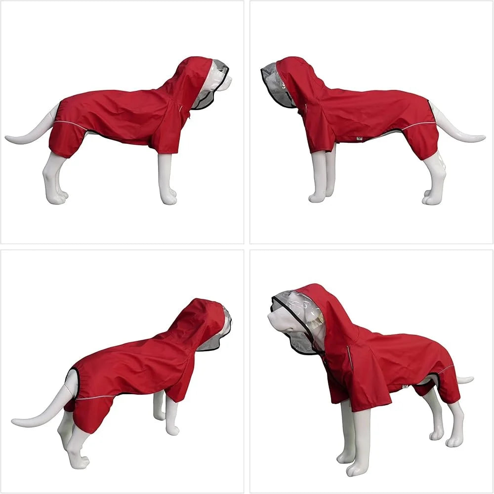 Four-Legged Waterproof Dog Raincoat with Transparent Hood – Reflective, Windproof Jacket for Medium and Large Dogs