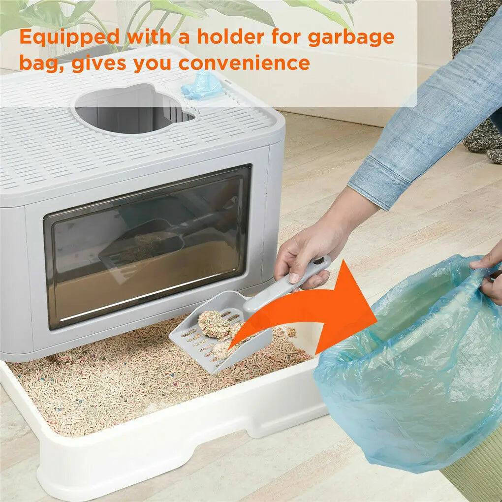 Foldable Enclosed Cat Litter Box – Front Entry & Top Exit Design with Massager, Litter Scoop & Space-Saving Foldable Structure