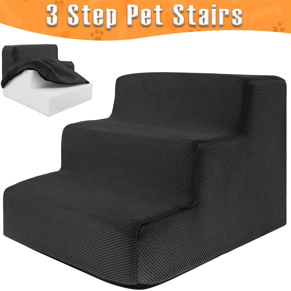 3-Step Soft Foam Pet Stairs – Washable, Non-Slip Ramp for Small Dogs & Cats