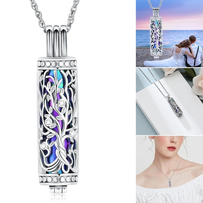 Tree of Life Cylinder Cremation Necklace – Memorial Ash Pendant for Men & Women