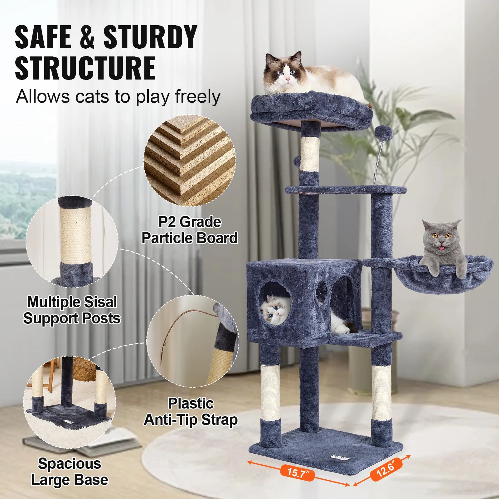 VEVOR 45.2" Cat Tree Tower – Multi-Level Cat Condo with Hammock, Top Perch & Sisal Scratching Posts (Dark Grey)