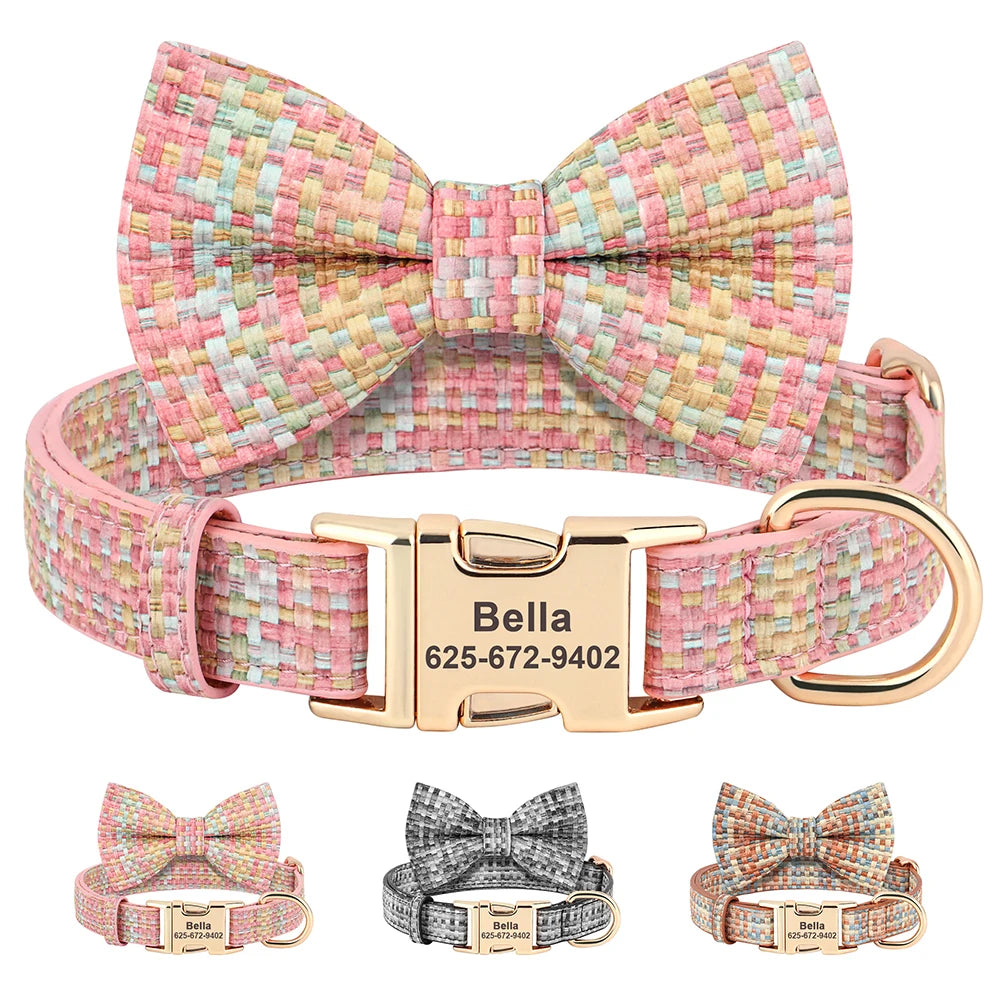 Personalized Plaid Leather Dog Collar with Bowknot – Custom Engraved Pet Collar for Small, Medium & Large Dogs