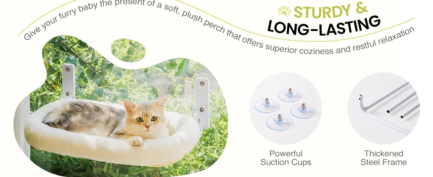 Mewoofun Foldable Cat Window Perch – Cordless Cat Hammock with 4 Strong Suction Cups & Removable Soft Cover (White, Brown, Green)