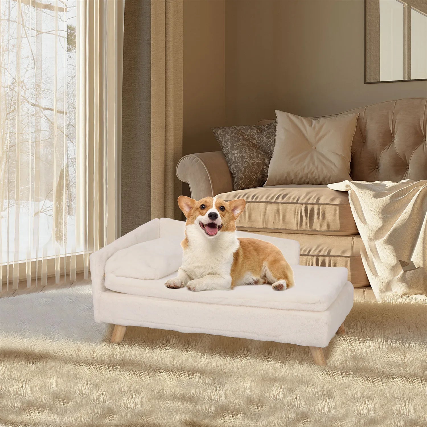 Nordic Elevated Pet Bed – Wooden Leg Pet Sofa with Waterproof Cozy Pad