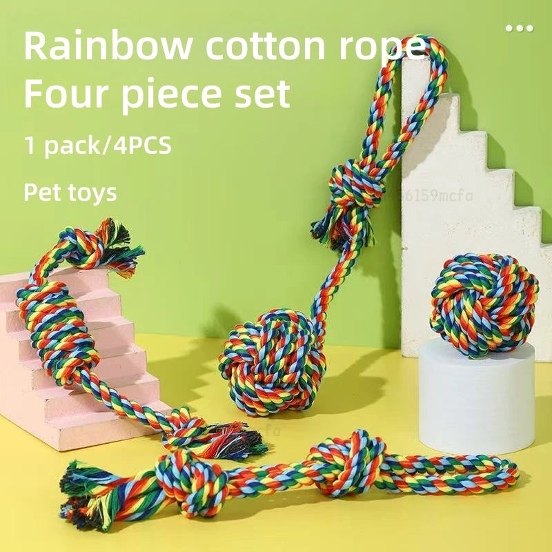 4-Piece Pet Toy Set – Cotton Bite Rope Toys for Small Dogs & Cats, Durable Double Knot Chew Toys