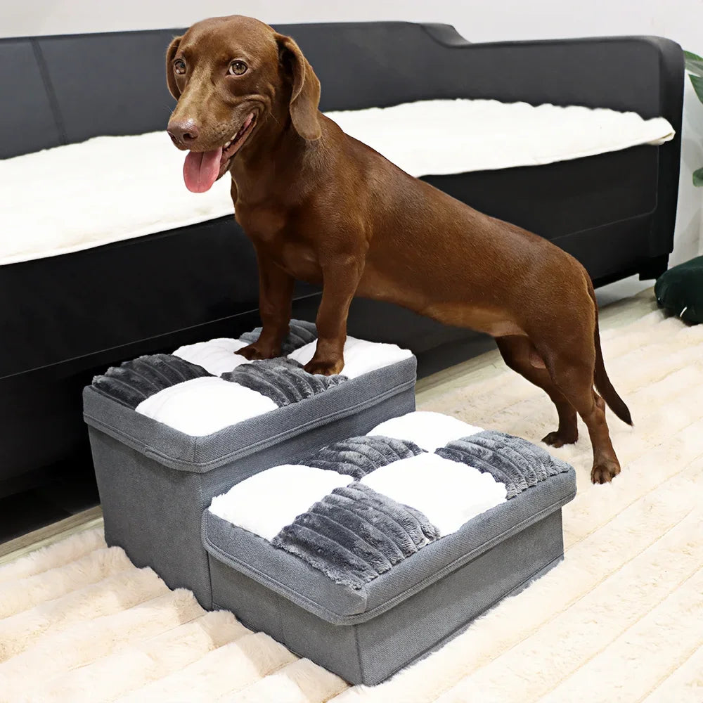 3-Step Folding Dog Stairs with Storage & Condo Bed – Handcrafted Design for High Beds & Sofas