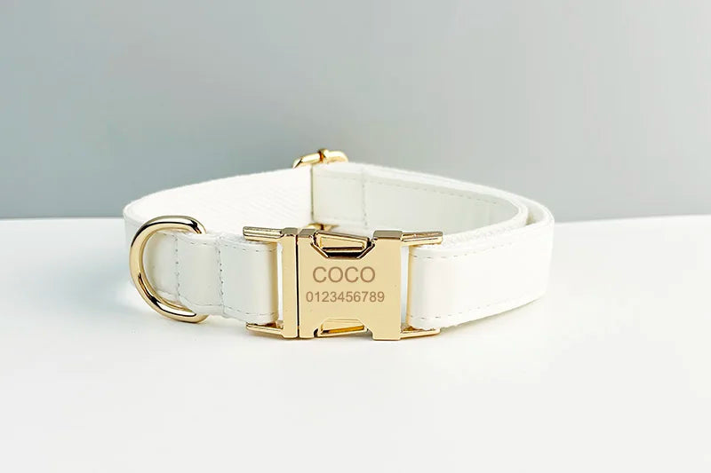 White Leather Dog Collar & Leash Set – Custom Engraved Nameplate