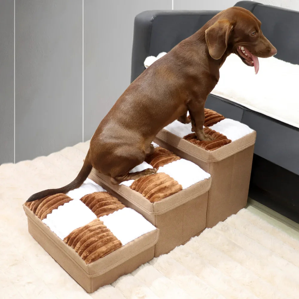 3-Step Folding Dog Stairs with Storage & Condo Bed – Handcrafted Design for High Beds & Sofas