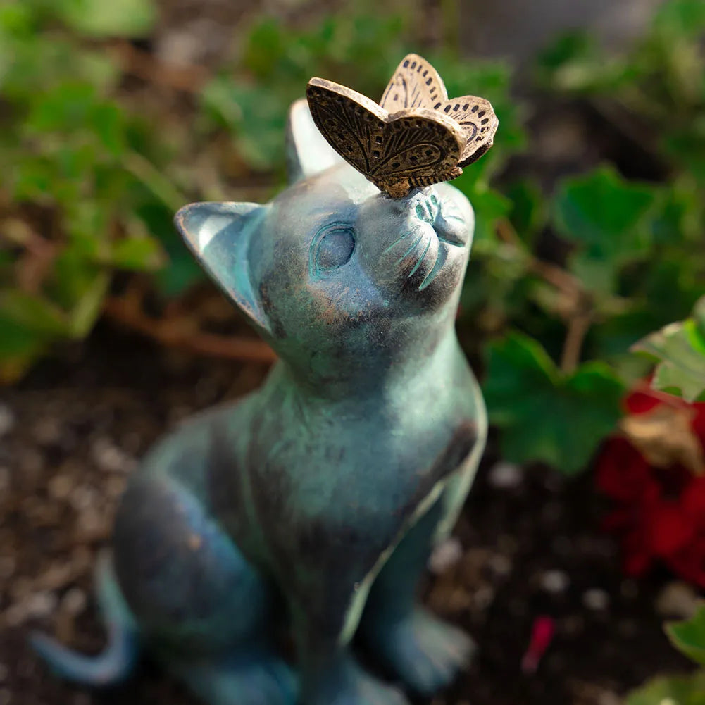 Cat Memorial Figurine – Pet Loss Sympathy Gift, Cat & Butterfly Curiosity Garden Statue, Fairy Art Yard Décor