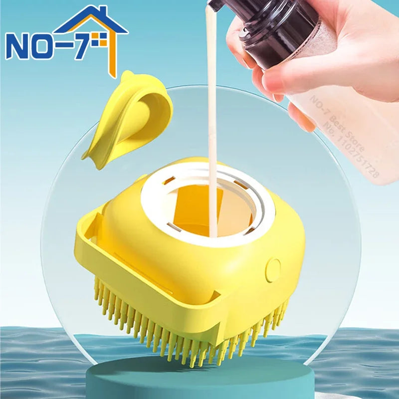 Dog Bath Brush – Silicone Pet Shampoo Scrubber & Soap Dispenser, Cat Massage Grooming Comb, Soft Rubber Puppy Cleaning Brush