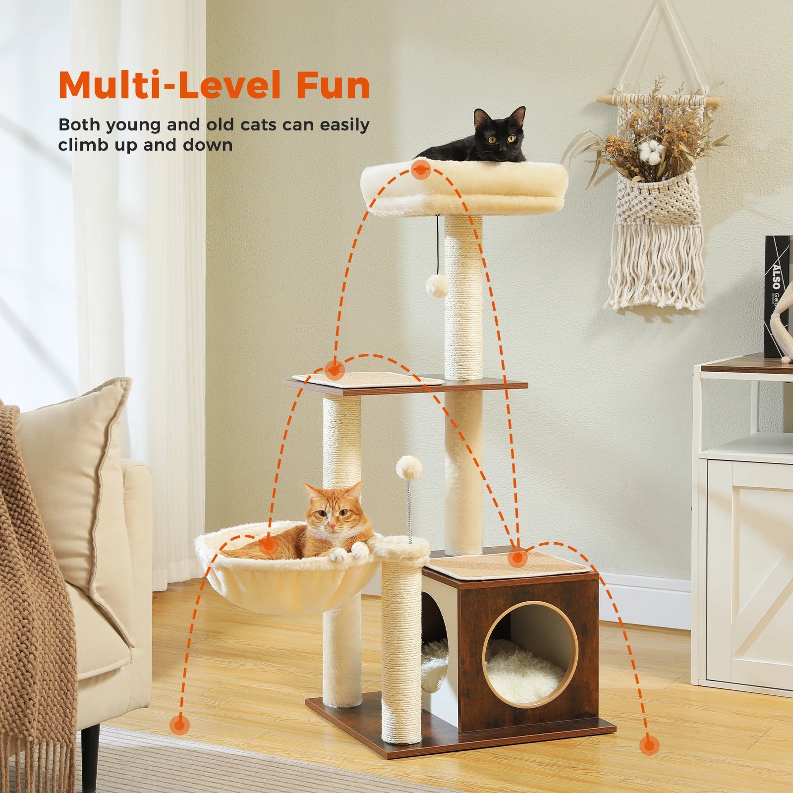 Modern Cat Tree – Multi-Level Wood Tower with Condo, Hammock & Scratching Posts
