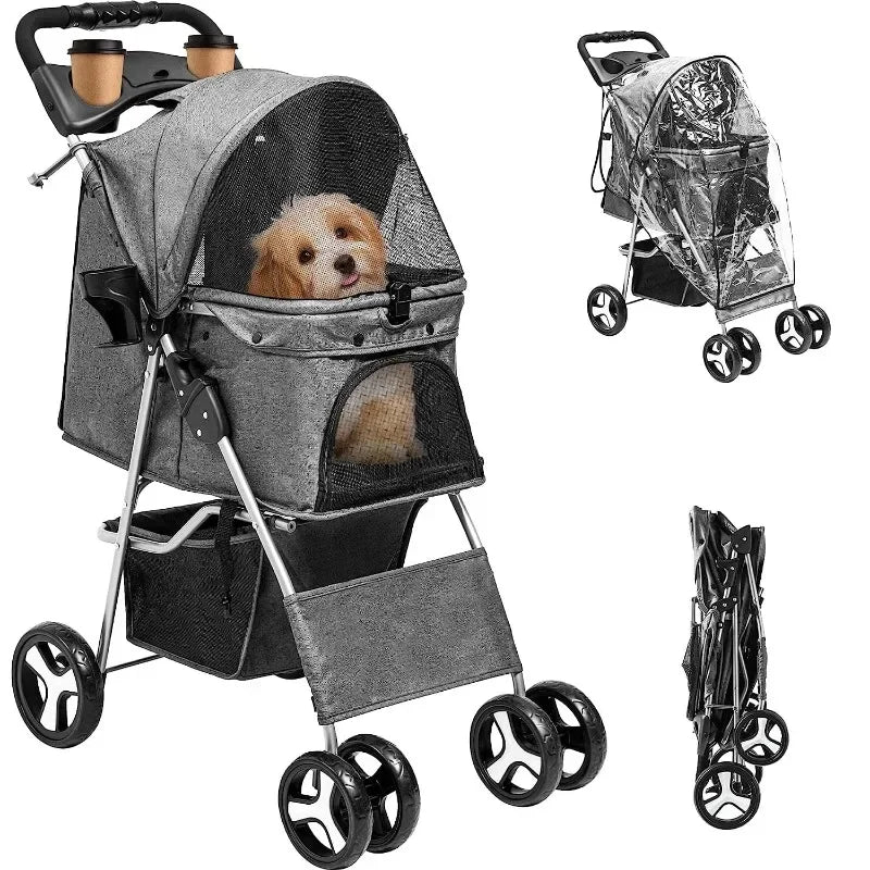 Foldable Dog Stroller for Small & Medium Pets – 360° Swivel Wheels & Storage Basket