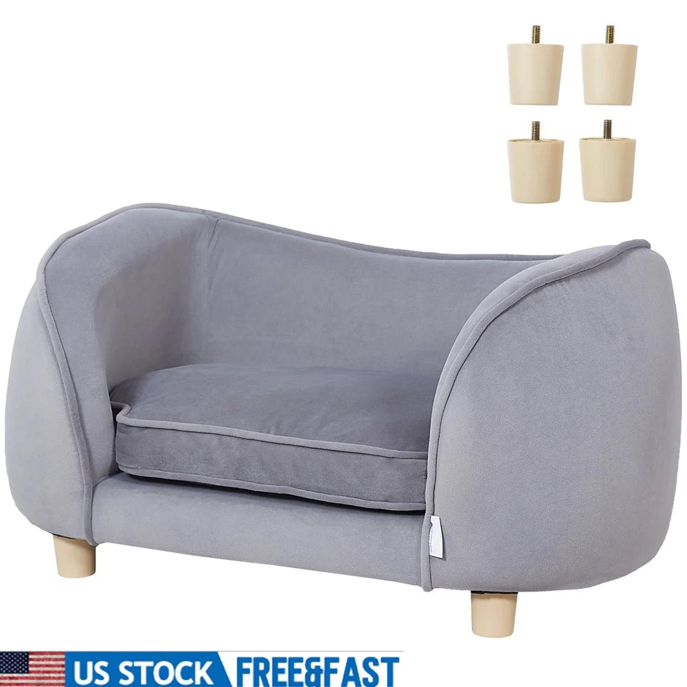 Pet Sofa Bed – Velvet Scratch-Resistant Couch for Small Dogs & Cats with Wooden Frame and Removable Cushion