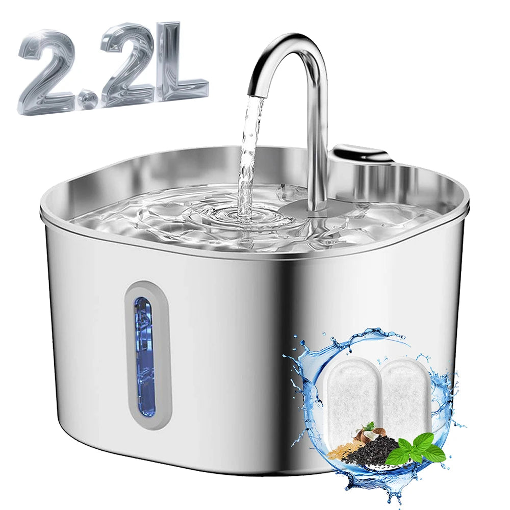 2.2L Stainless Steel Cat Water Fountain – Ultra-Quiet Pet Water Dispenser with Filter for Cats & Dogs
