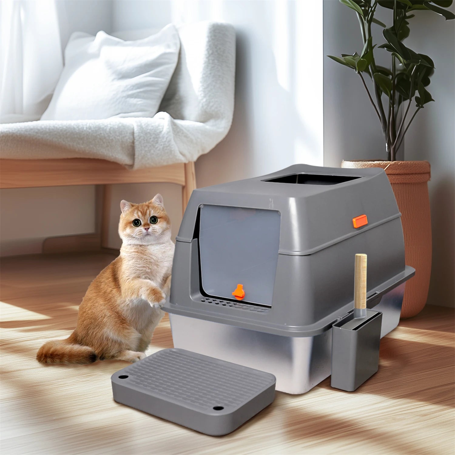 Enclosed Stainless Steel Cat Litter Box with Lid – Extra Large Metal Litter Pan Tray with High Walls for Big Cats