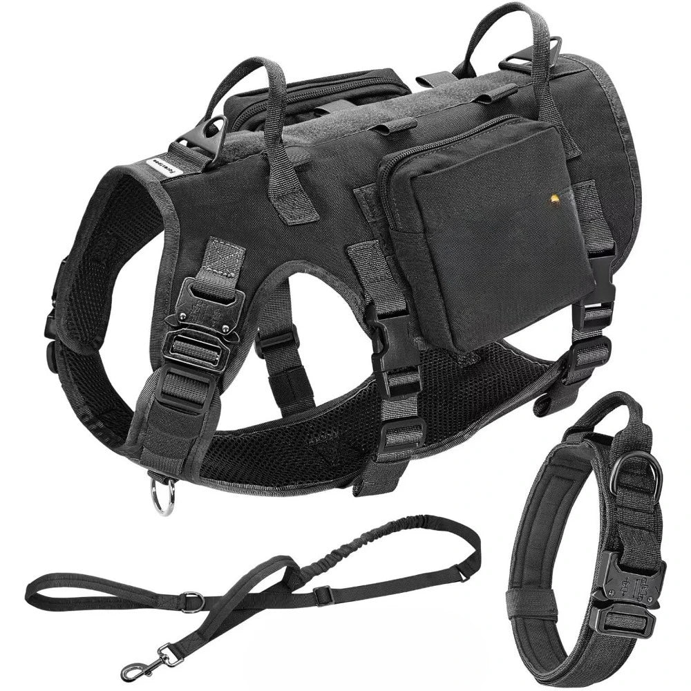 Upgraded Black Tactical Dog Harness Set – For Large Dogs (Harness + Collar + Bungee Leash)