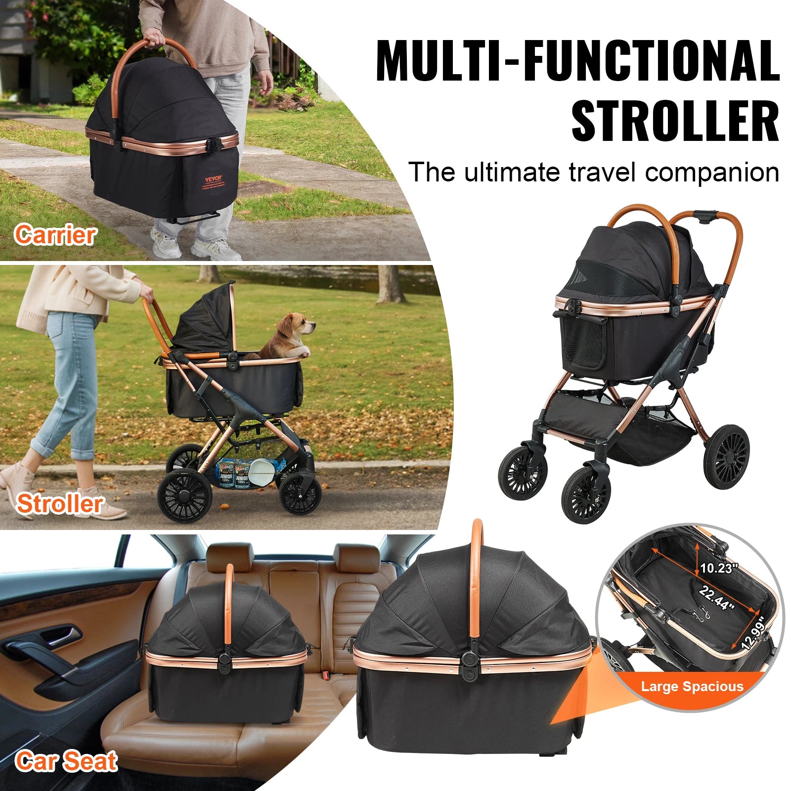 VEVOR Foldable Pet Stroller – 66 lbs Capacity with Brakes, Detachable Carrier & Storage Basket