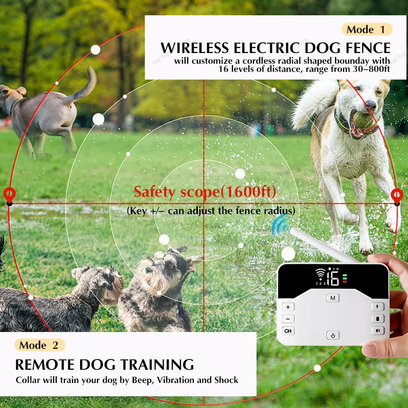 2-in-1 Wireless Dog Fence & Training Collar – Rechargeable Anti-Runaway System for Up to 3 Dogs