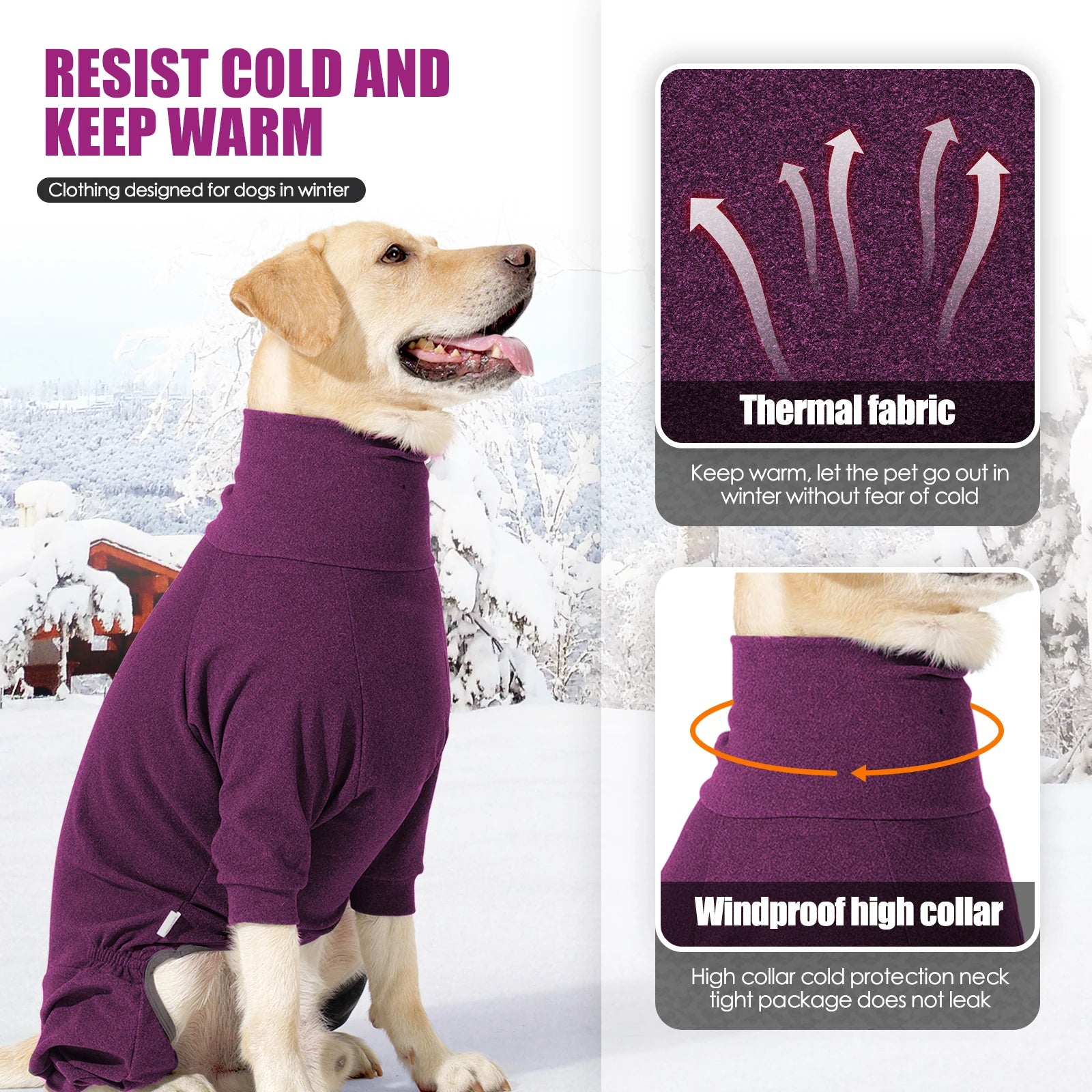 Warm Fleece Dog Jumpsuit – Windproof High-Collar Winter Overalls for Large Dogs