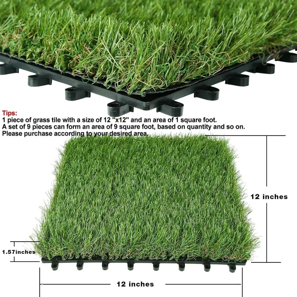 Outdoor Artificial Grass Turf Squares – 9-Pack 12"x12" Interlocking Fake Grass Mats for Patio, Balcony, Deck & Pet Potty Use
