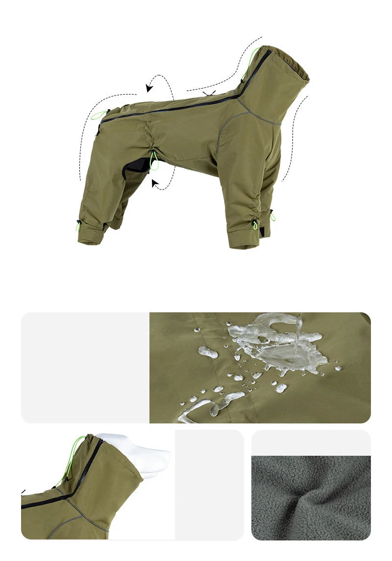 Four-Leg Waterproof Dog Jacket – Windproof Reflective Winter Suit with High Neck
