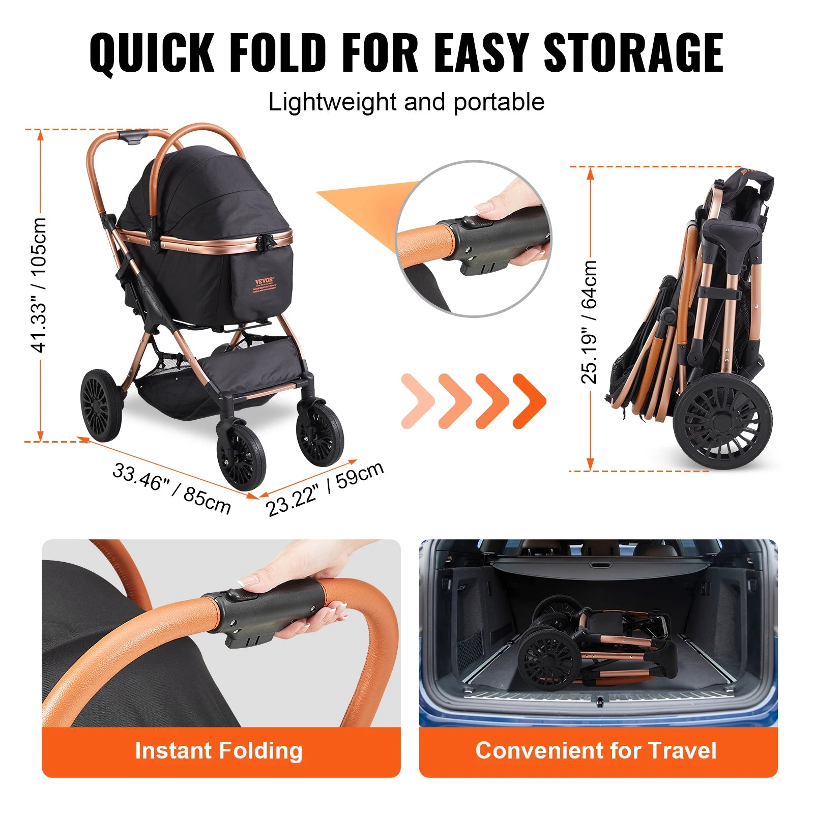 VEVOR Foldable Pet Stroller – 66 lbs Capacity with Brakes, Detachable Carrier & Storage Basket