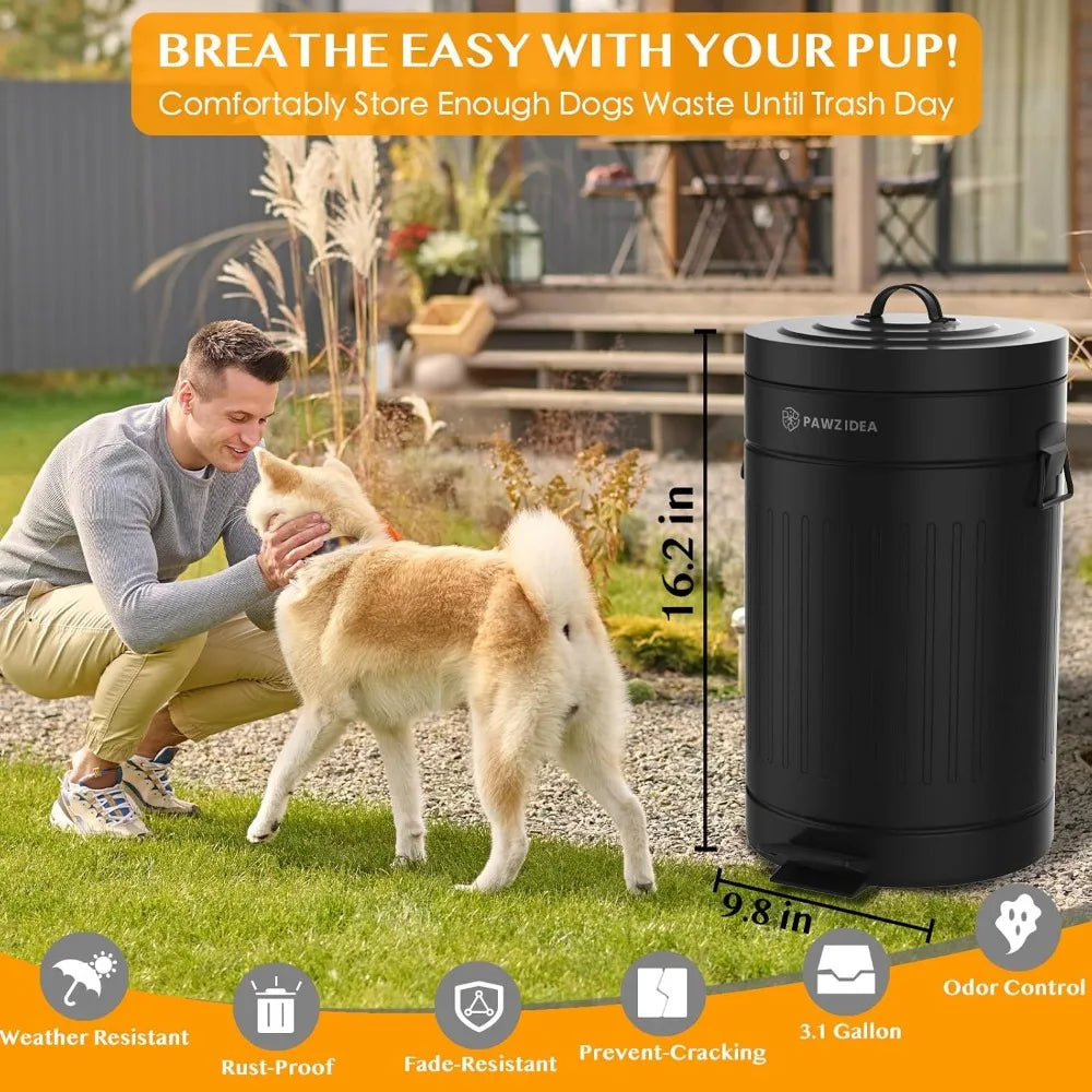 Outdoor Dog Poop Trash Can with Odor Control – 3.1 Gallon Waterproof Pet Waste Disposal Bin with Lid
