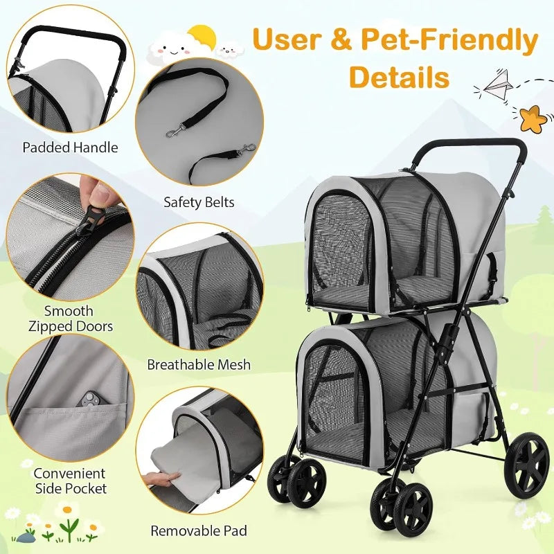 Giantex Double Pet Stroller with 2 Detachable Carrier Bags – Foldable Cat & Dog Stroller with Safety Belts & Lockable Wheels