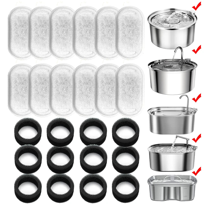 Replacement Filters for Stainless Steel Cat Water Fountain – Activated Carbon & Sponge Filter Elements
