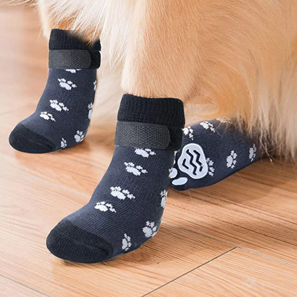 4-Pack Anti-Slip Dog Socks – Adjustable Paw Protectors with Rubber Grip for Indoor Traction